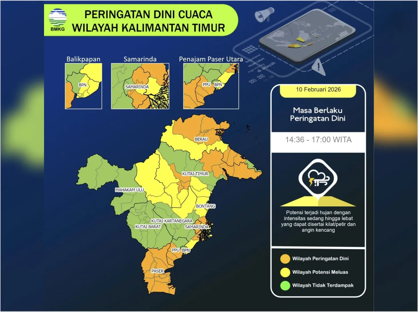 BMKG Kaltim Keluarkan Peringatan Dini, Hujan Lebat dan Angin Kencang Landa Sejumlah Wilayah